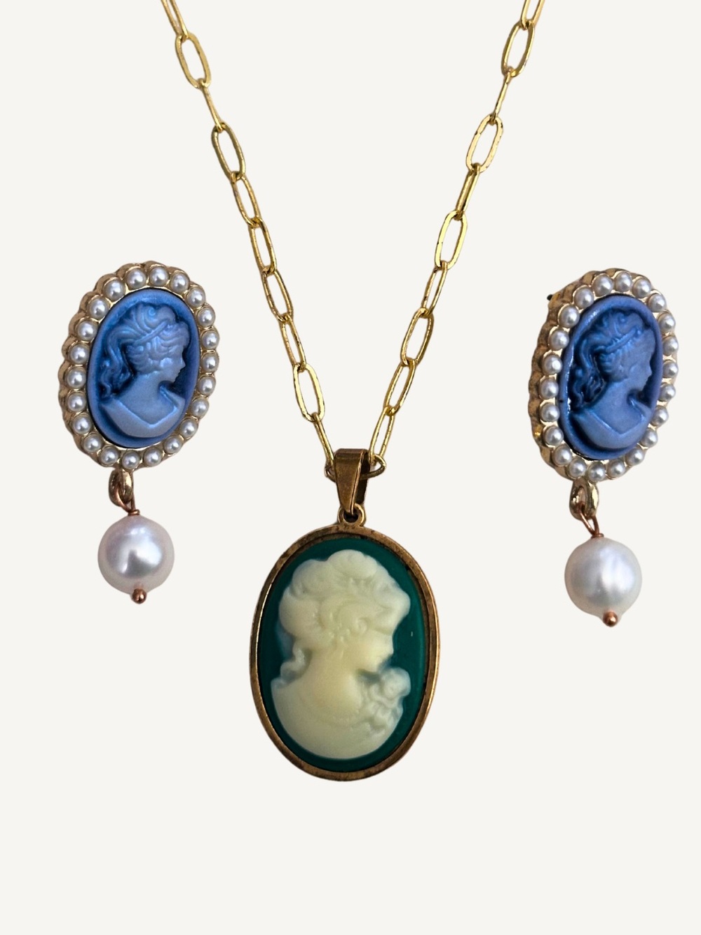 Cameo Bundle Blue Pearl Drop Earrings Green Cameo Pendant Necklace Set
